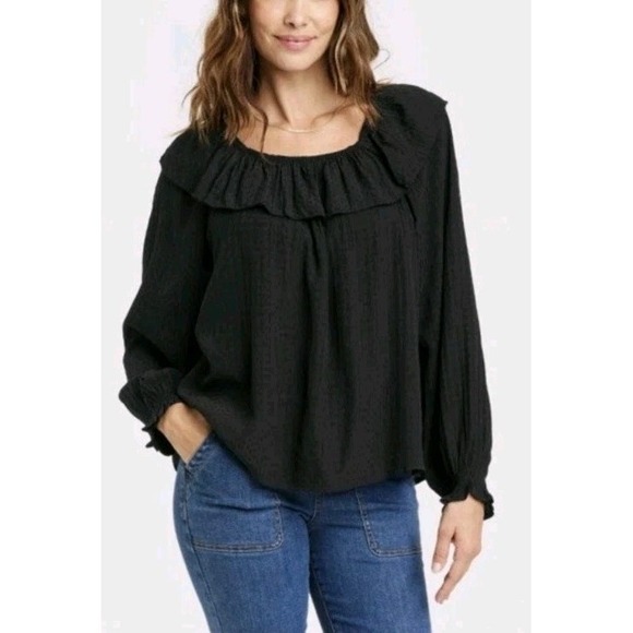 Knox Rose Tops - Knox Rose Black Swiss Dot Ruffle Neck Blouse Balloon Sleeve Top M‎ Flowy